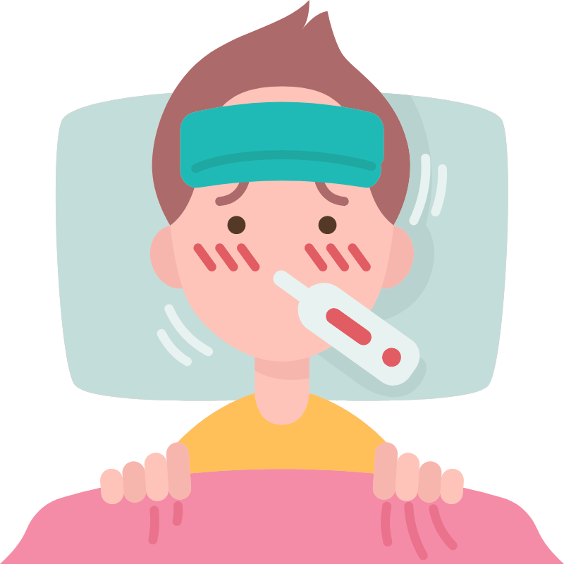 hombre con gripe en cama y termómetro 